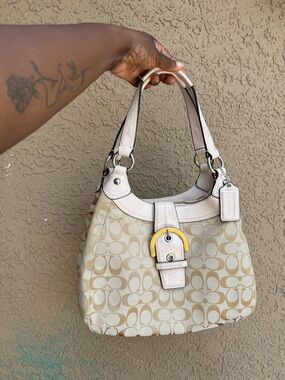 Coach Beige Signature Canvas Shoulder Bag with Cream Leather Trim